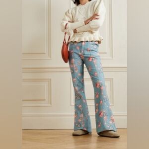 LoveShackFancy Meyerson Pink Rose Blue corduroy High Waisted Flare Pants M 6